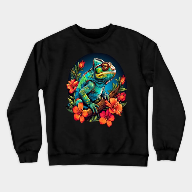 Chameleon Surrounded by Vibrant Spring Flowers Crewneck Sweatshirt by BirdsnStuff